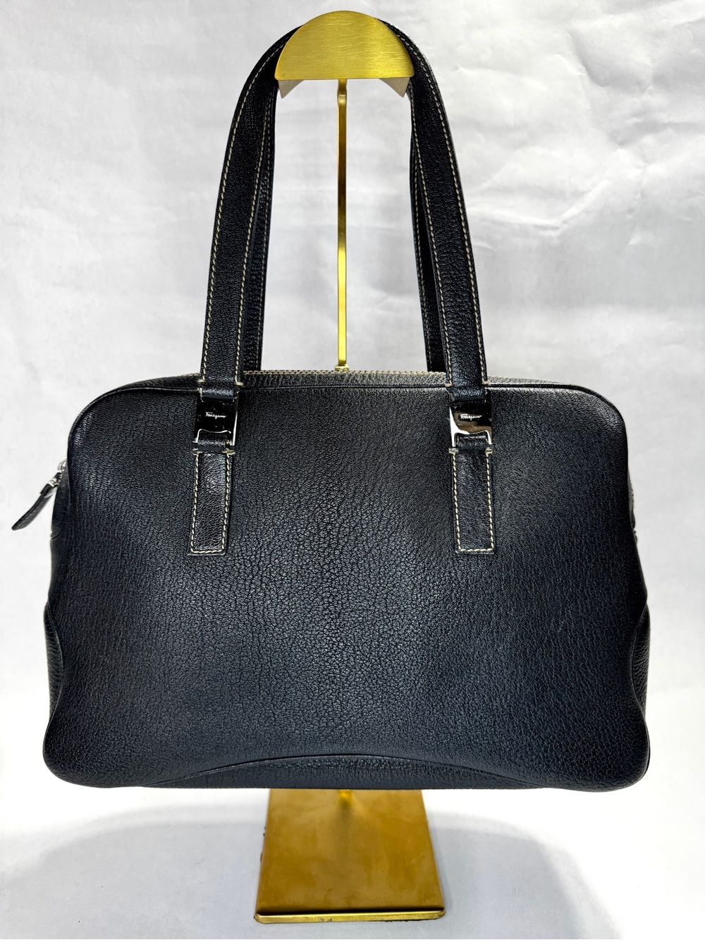 Salvatore Ferragamo Black Pebbled Leather Shoulder Tote Bag Made in Italy